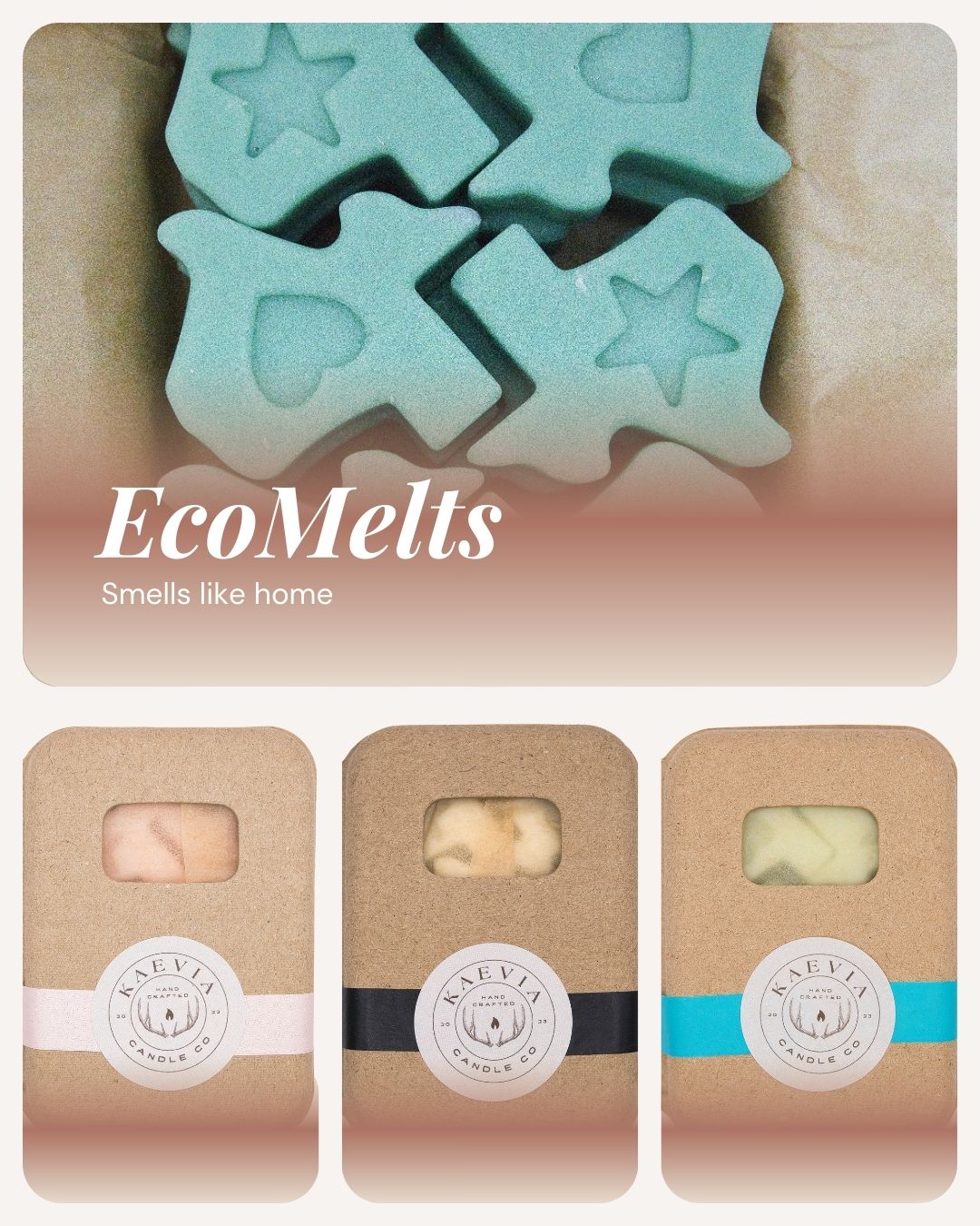 Texas Heart Wax melts on top with three packaged containers in sustainable packaging