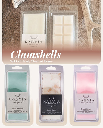 Clamshell melt packing containing 1.5oz of wax melts in different colors. 