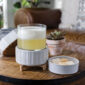 candle sits on warmer with melt tray next to it on a table