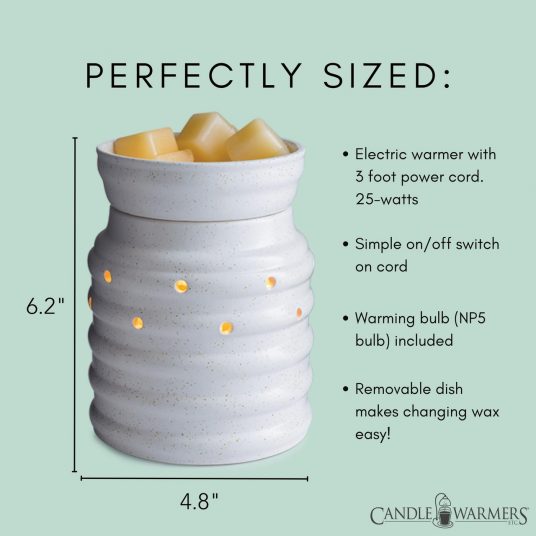 warmer showing size of 6.2&quot; high and 4.8&quot; wide. 3 foot power cord and 25-watts. NP5 bulb. 