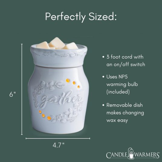 warmer shown as 6&quot; tall, 4.7&quot; wide. Photo has a green background