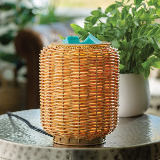 wicker warmer sits on a table